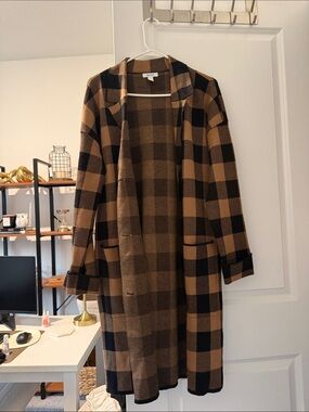 Nine West Black and Tan Plaid Open-Front Cardigan